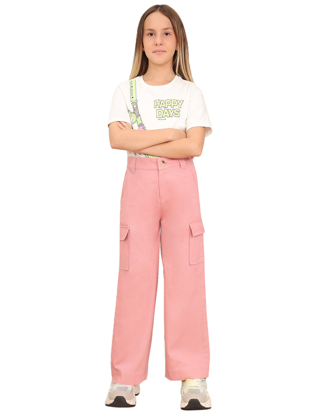 Dusty Pink Cotton Wide Leg Cargo Pants for Girls