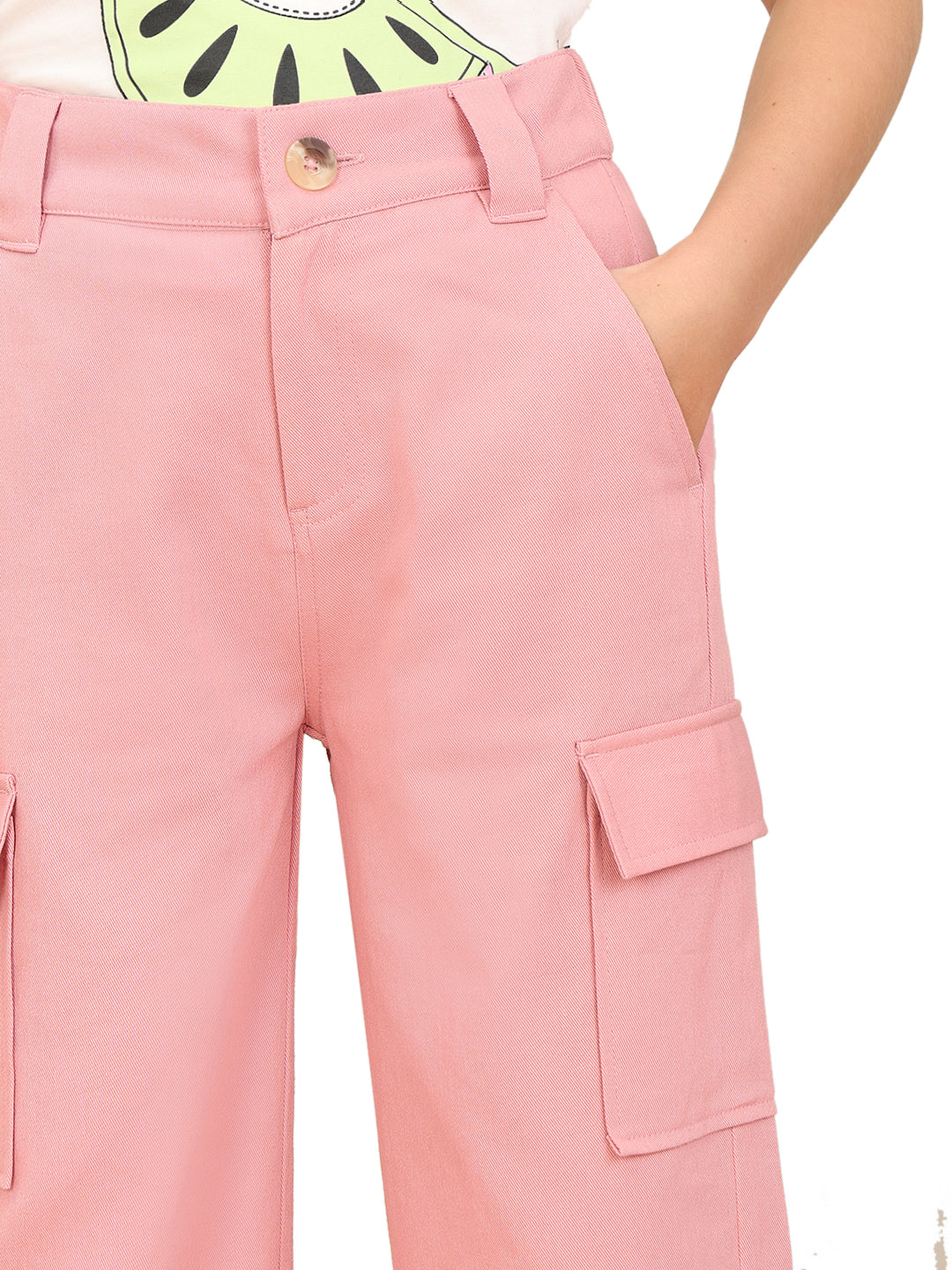Dusty Pink Cotton Wide Leg Cargo Pants for Girls