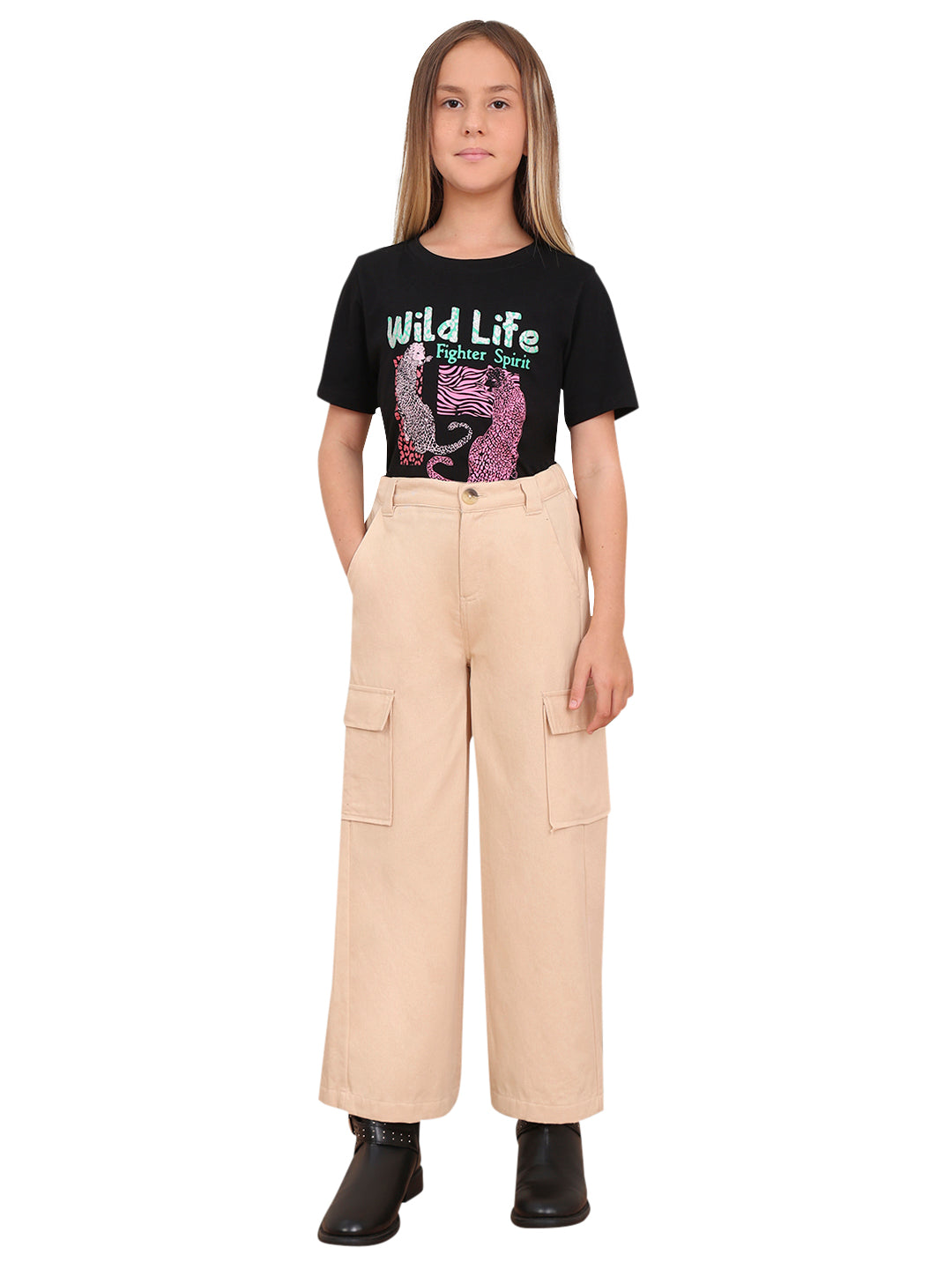 Angora Cotton Wide Leg Cargo Pants for Girls