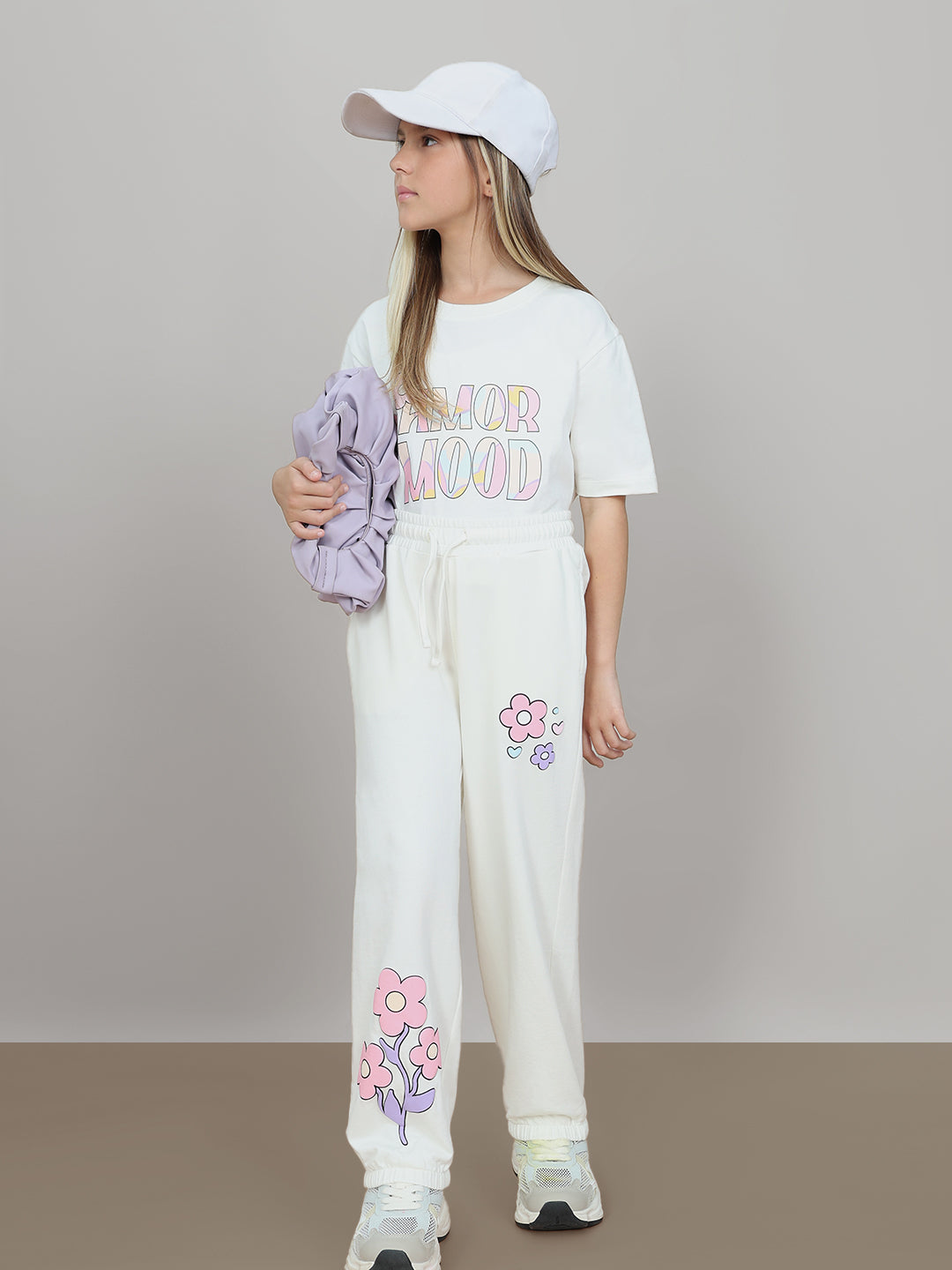 Girls Egret Printed Cotton Jogger Pants with Elasticated Waist
