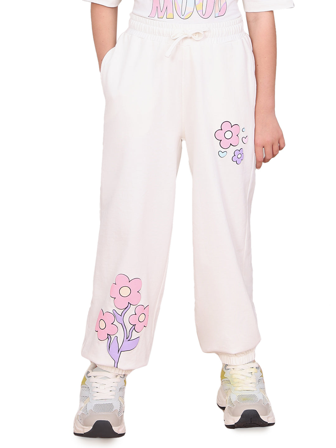Girls Egret Printed Cotton Jogger Pants with Elasticated Waist