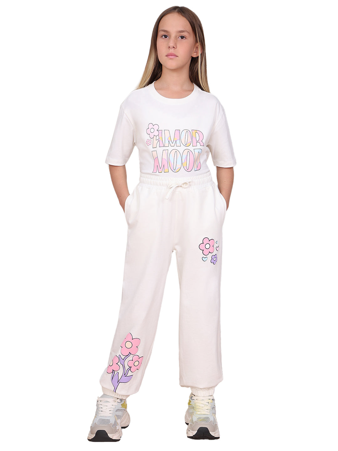 Girls Egret Printed Cotton Jogger Pants with Elasticated Waist