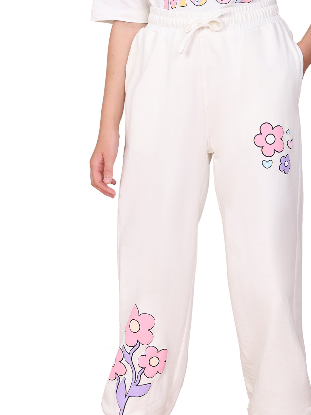 Girls Egret Printed Cotton Jogger Pants with Elasticated Waist