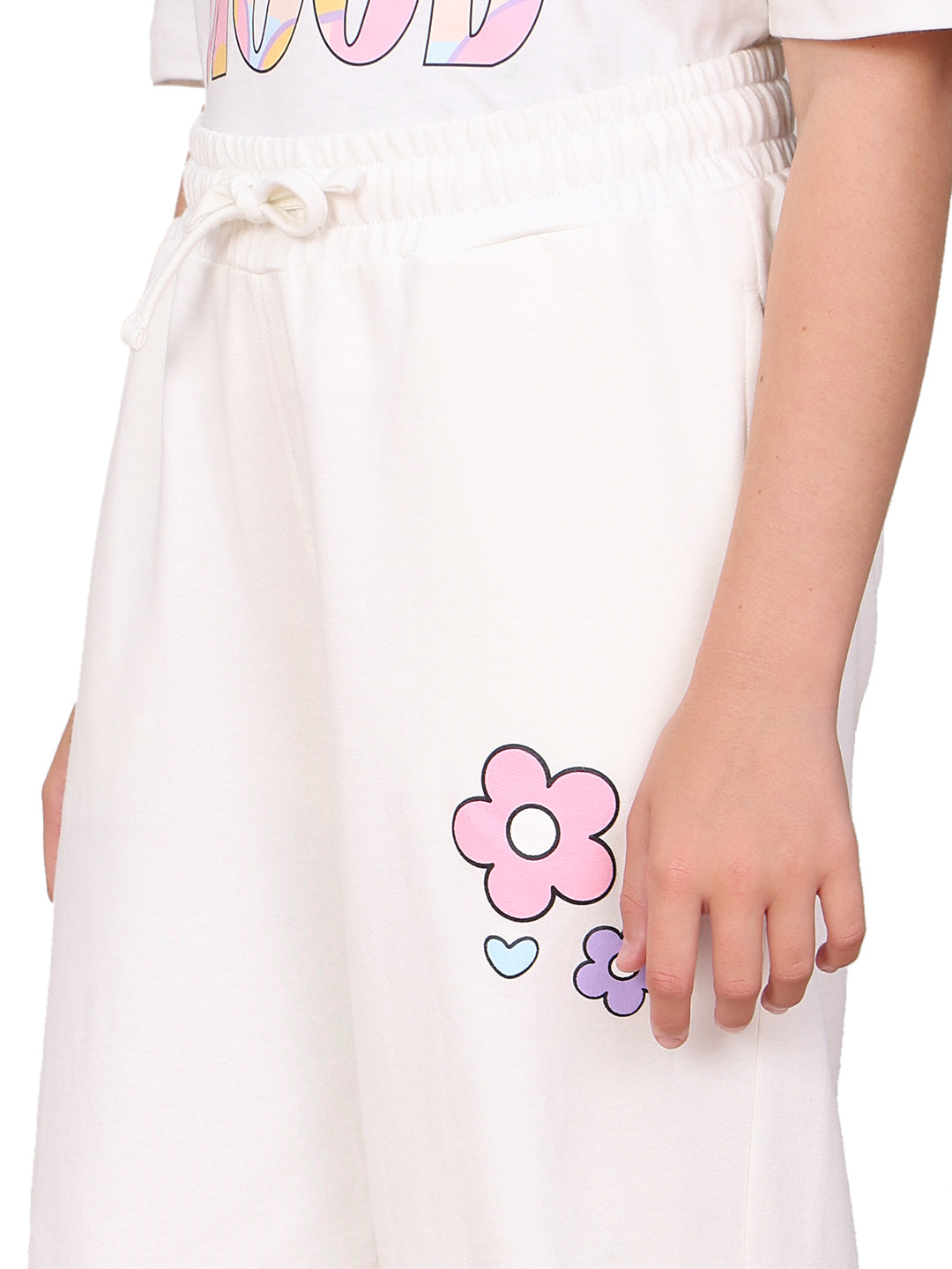 Girls Egret Printed Cotton Jogger Pants with Elasticated Waist