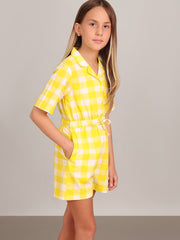 Girls Vibrant Yellow Cotton V-Neck Shirt Style Jumpsuit with Regular Sleeves