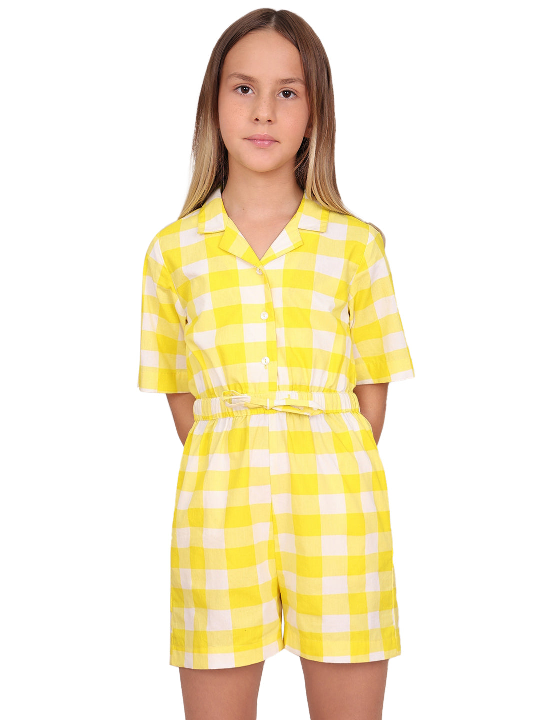 Girls Vibrant Yellow Cotton V-Neck Shirt Style Jumpsuit with Regular Sleeves