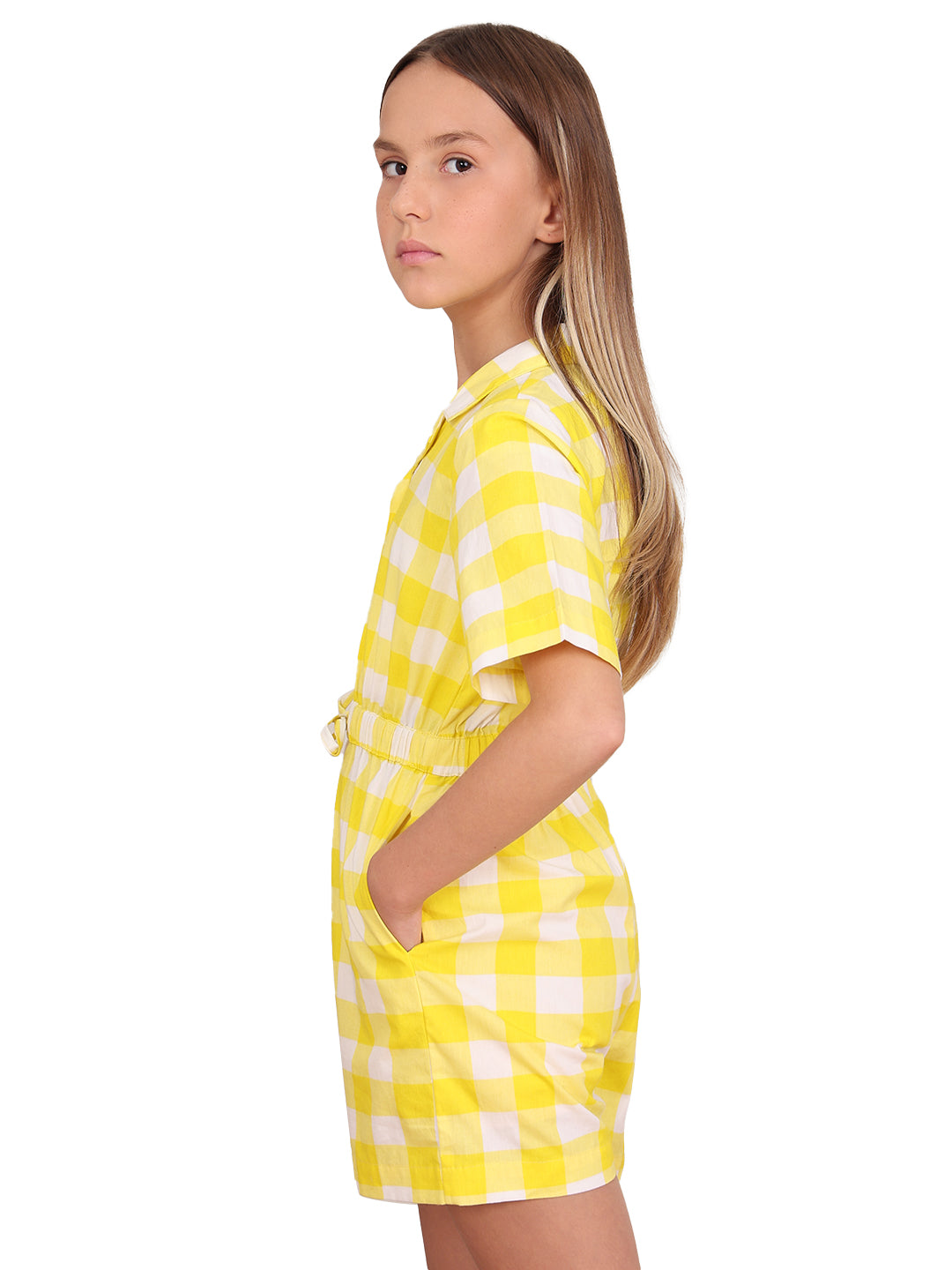 Girls Vibrant Yellow Cotton V-Neck Shirt Style Jumpsuit with Regular Sleeves