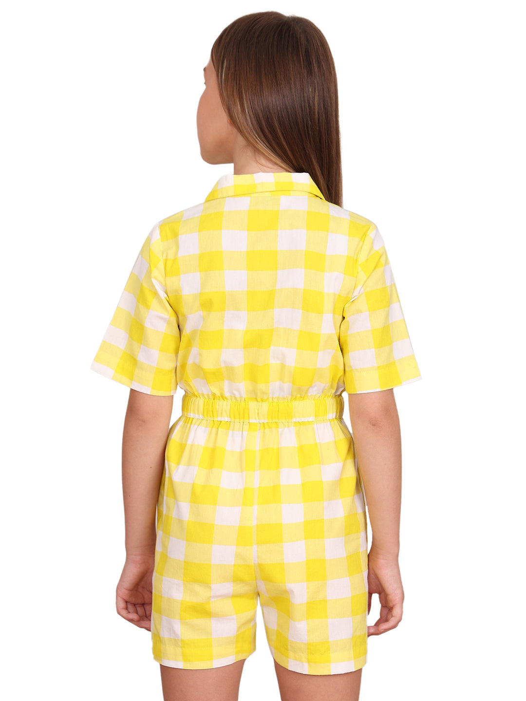 Girls Vibrant Yellow Cotton V-Neck Shirt Style Jumpsuit with Regular Sleeves