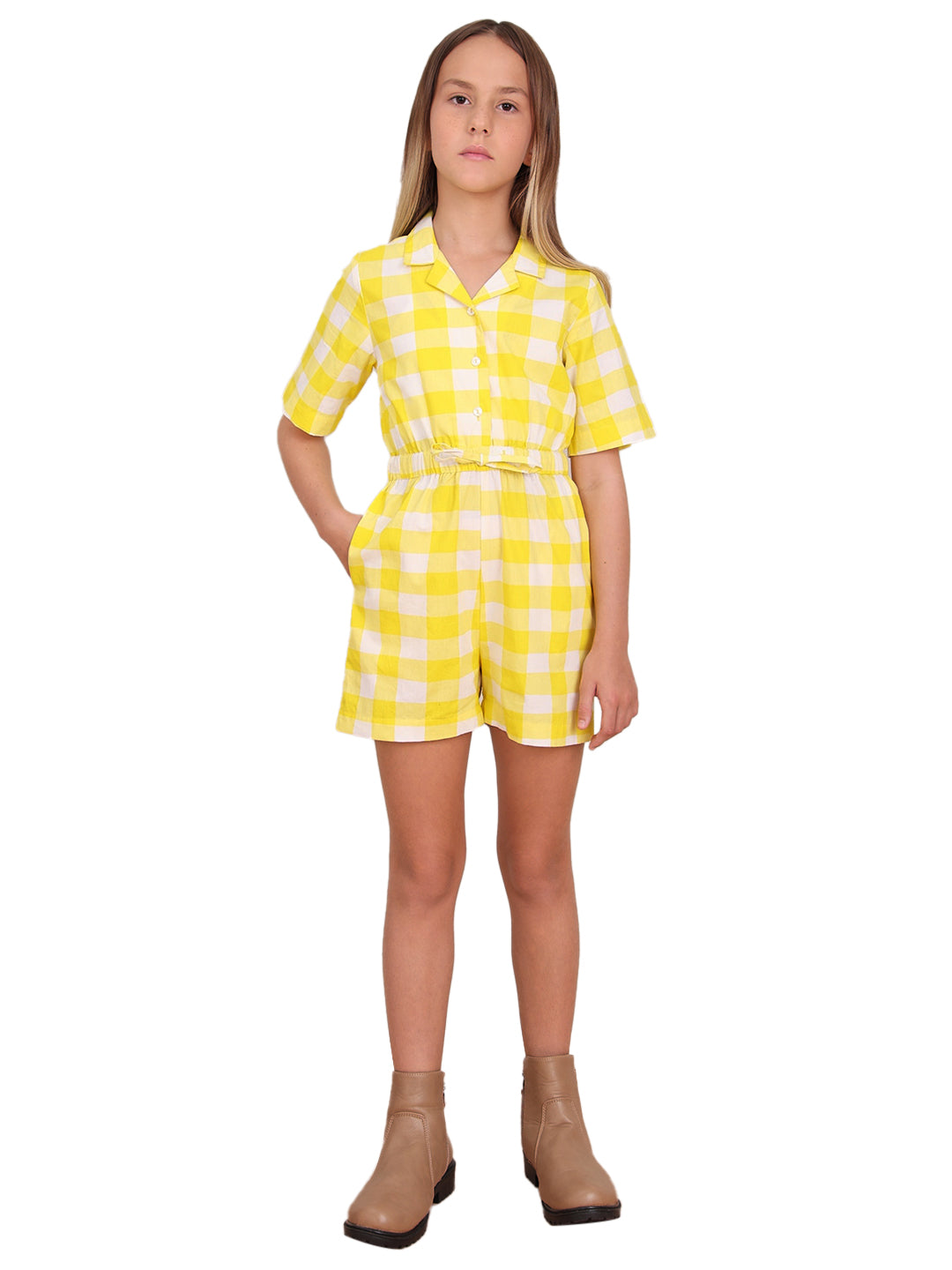 Girls Vibrant Yellow Cotton V-Neck Shirt Style Jumpsuit with Regular Sleeves