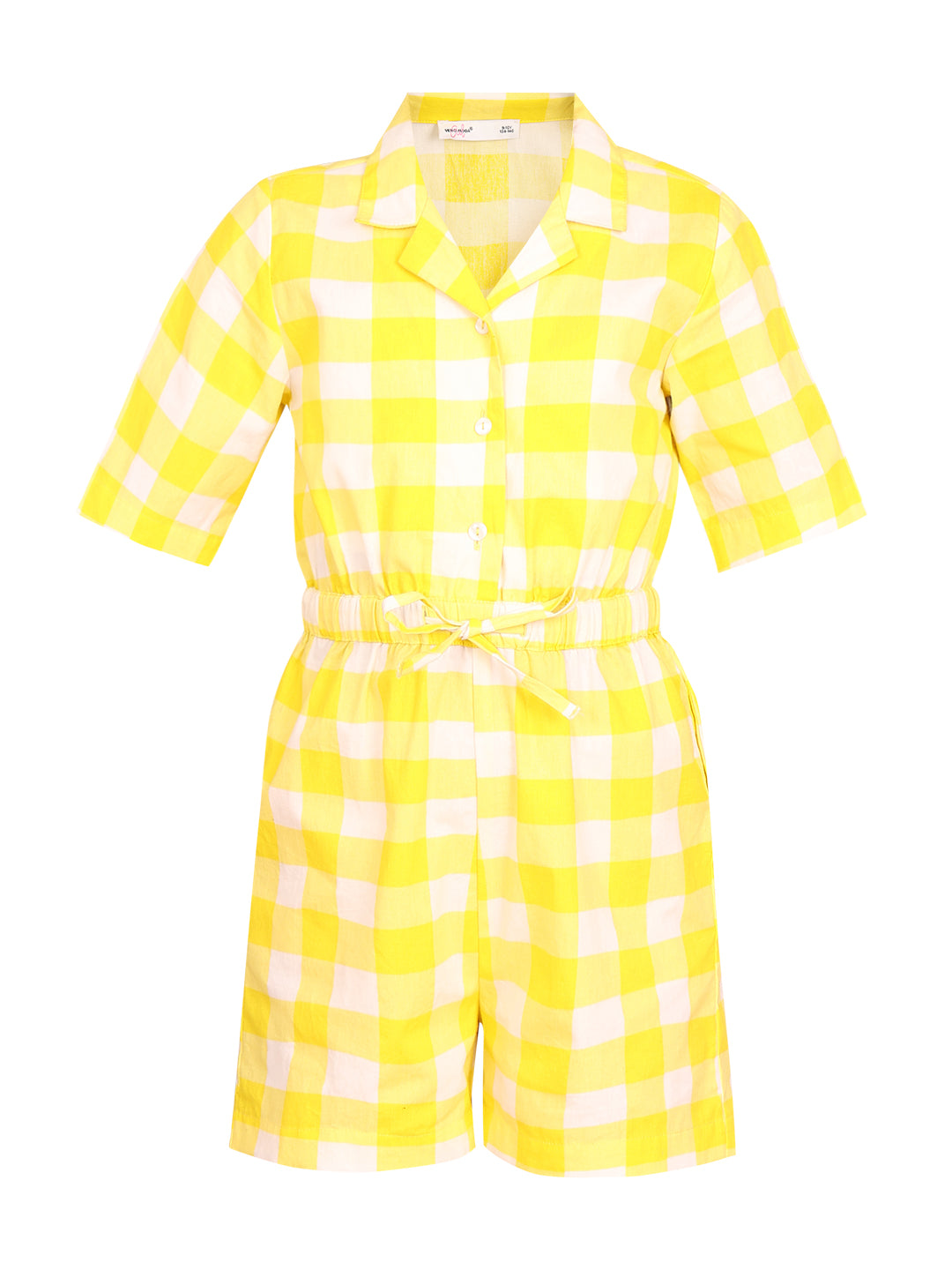 Girls Vibrant Yellow Cotton V-Neck Shirt Style Jumpsuit with Regular Sleeves