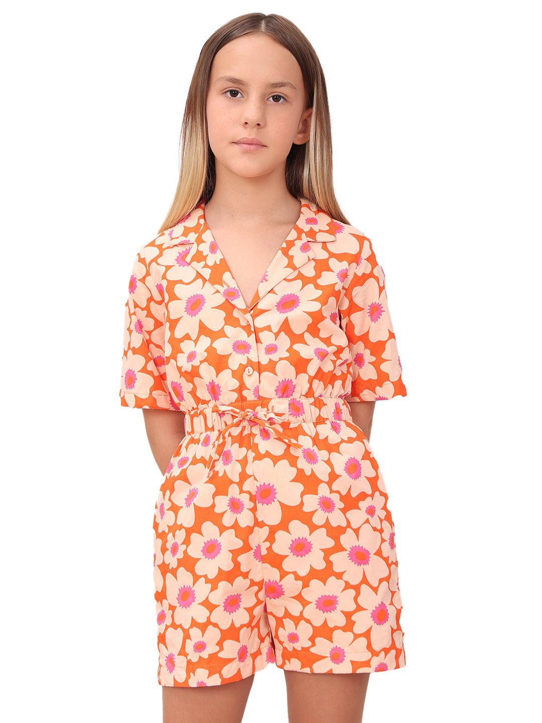 Girls Orange Rust Floral Printed Cotton V-Neck Playsuit with Waist Tie
