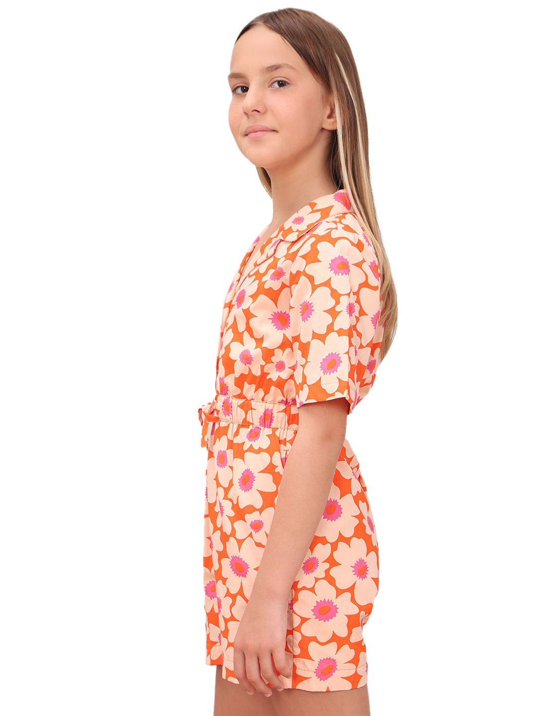 Girls Orange Rust Floral Printed Cotton V-Neck Playsuit with Waist Tie