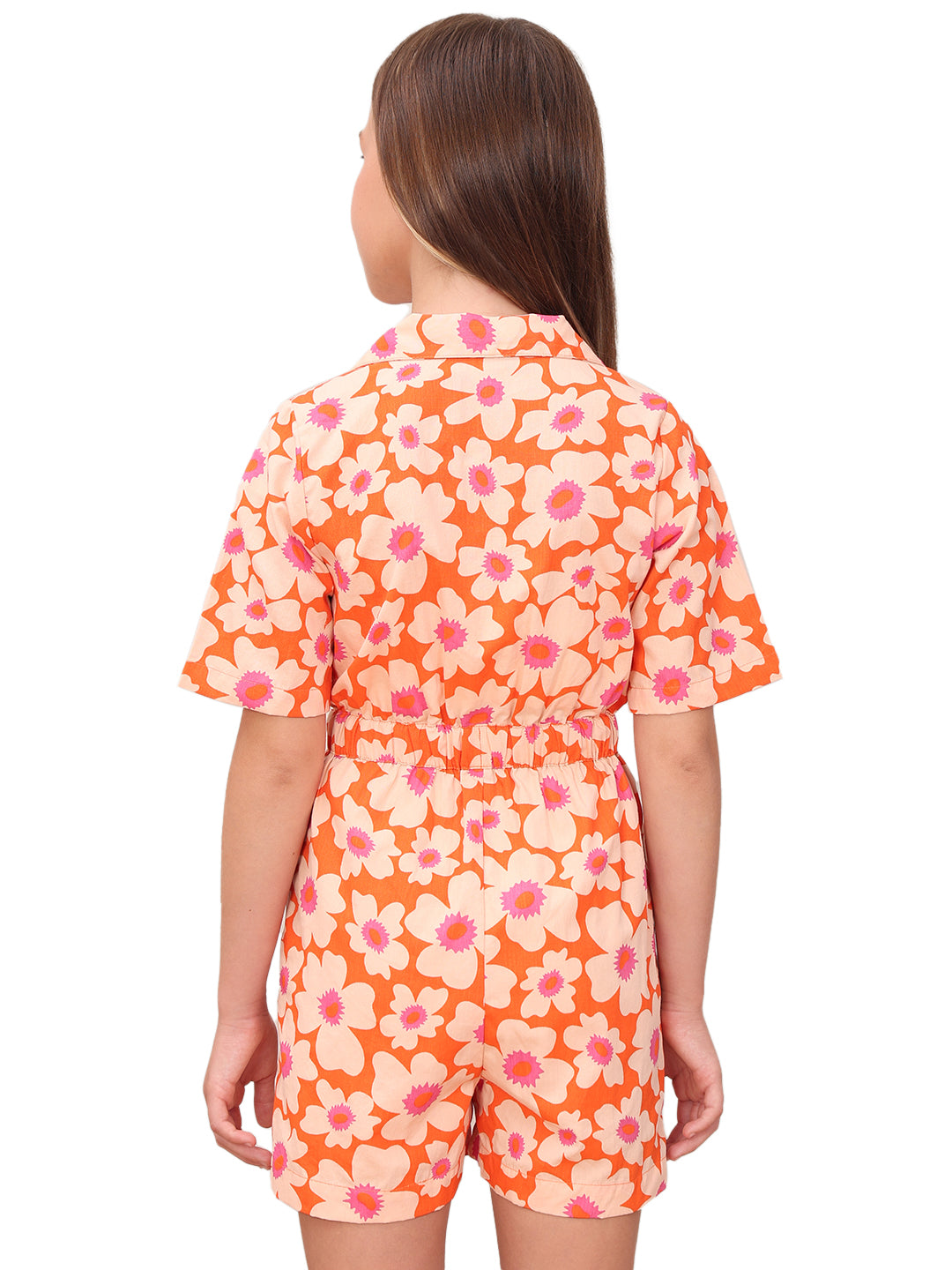 Girls Orange Rust Floral Printed Cotton V-Neck Playsuit with Waist Tie
