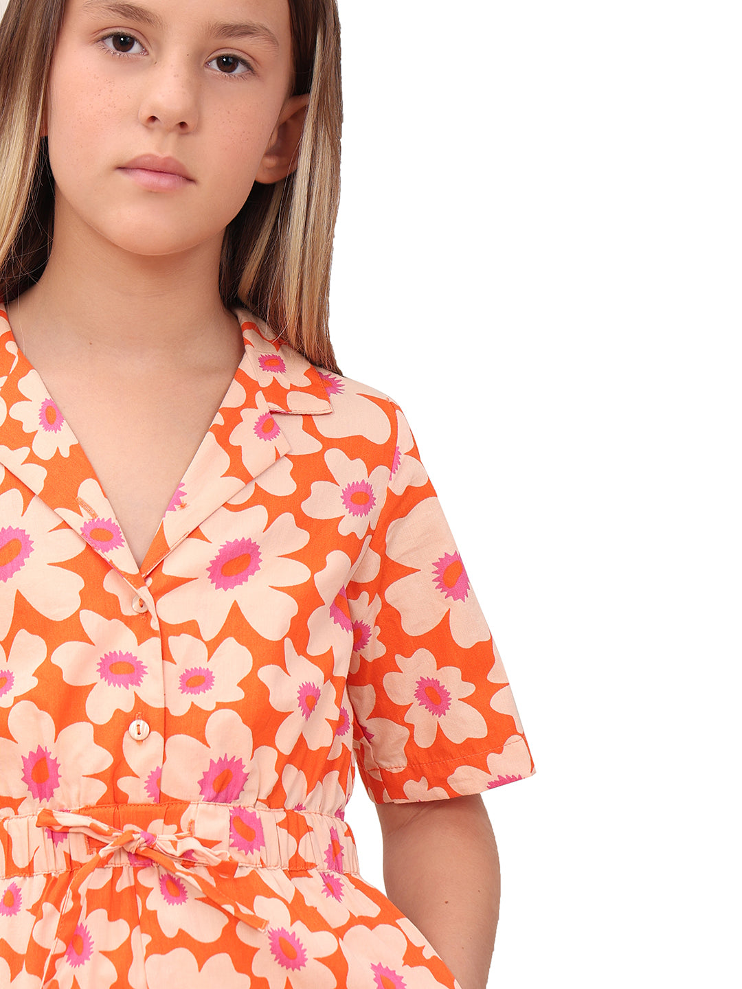 Girls Orange Rust Floral Printed Cotton V-Neck Playsuit with Waist Tie