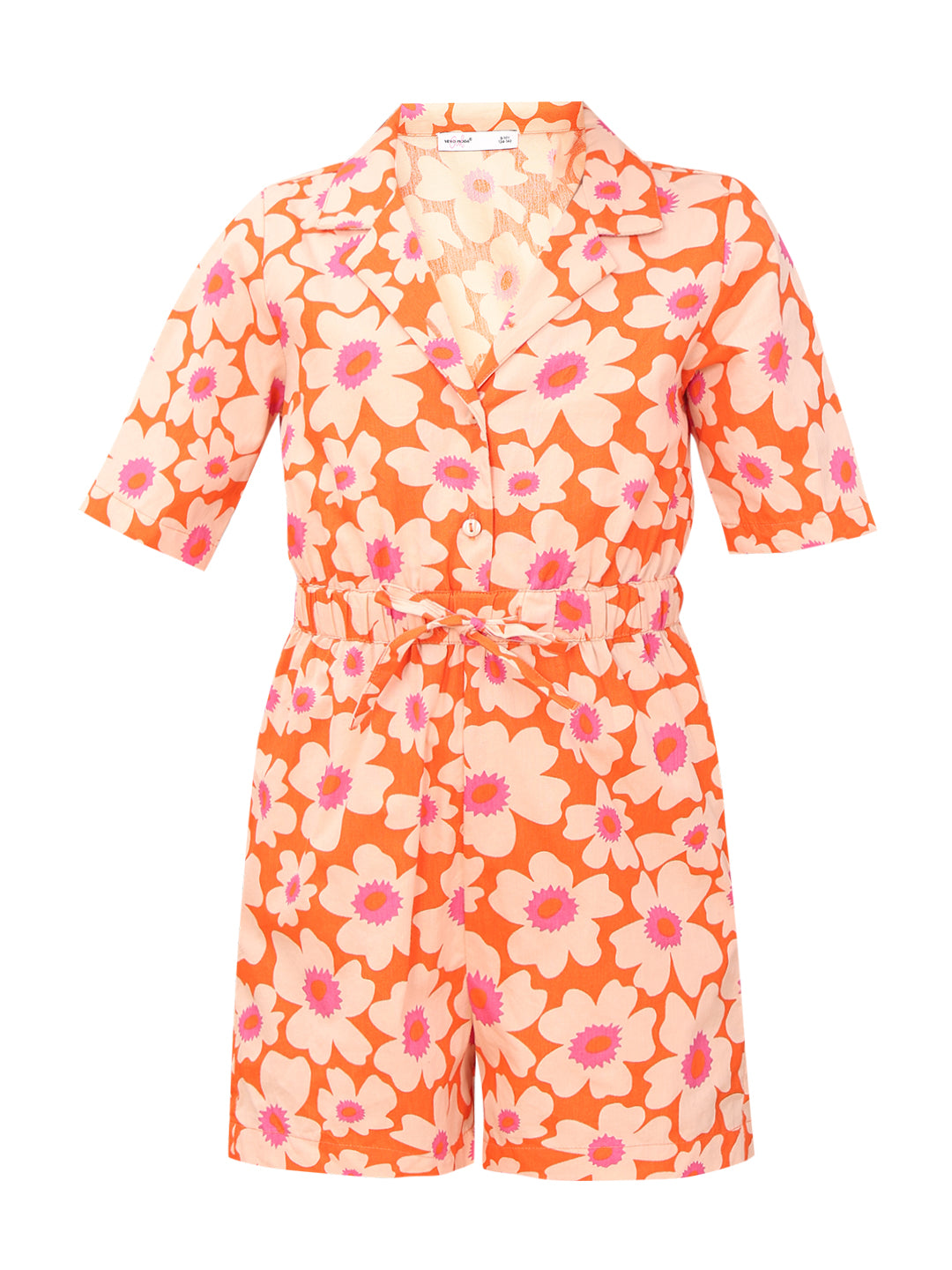 Girls Orange Rust Floral Printed Cotton V-Neck Playsuit with Waist Tie
