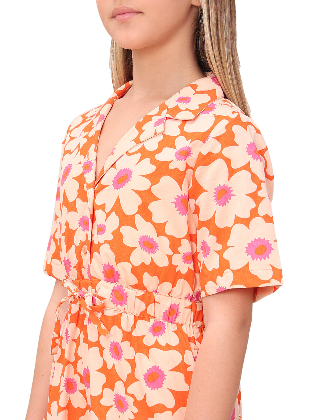 Girls Orange Rust Floral Printed Cotton V-Neck Playsuit with Waist Tie