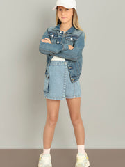 Medium Blue Cotton Denim Wrap Skirt for Girls