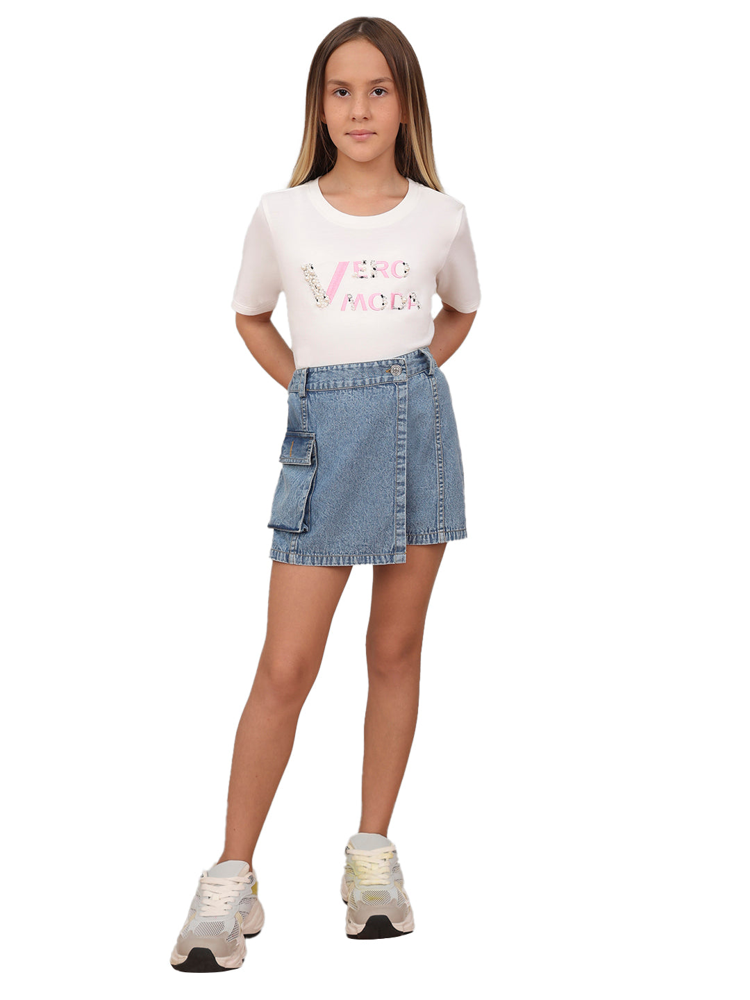 Medium Blue Cotton Denim Wrap Skirt for Girls