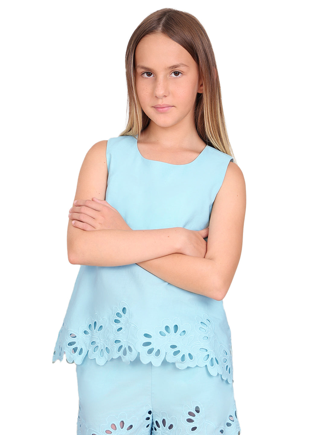 Saltwater Slide Cotton Cutwork Square Neck Top for Girls