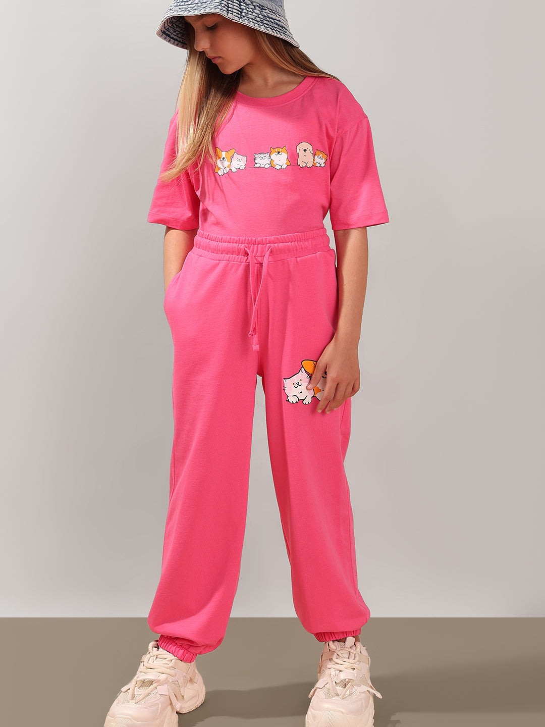 Hot Pink Character Print Cotton T-Shirt with Round Neck for Girls