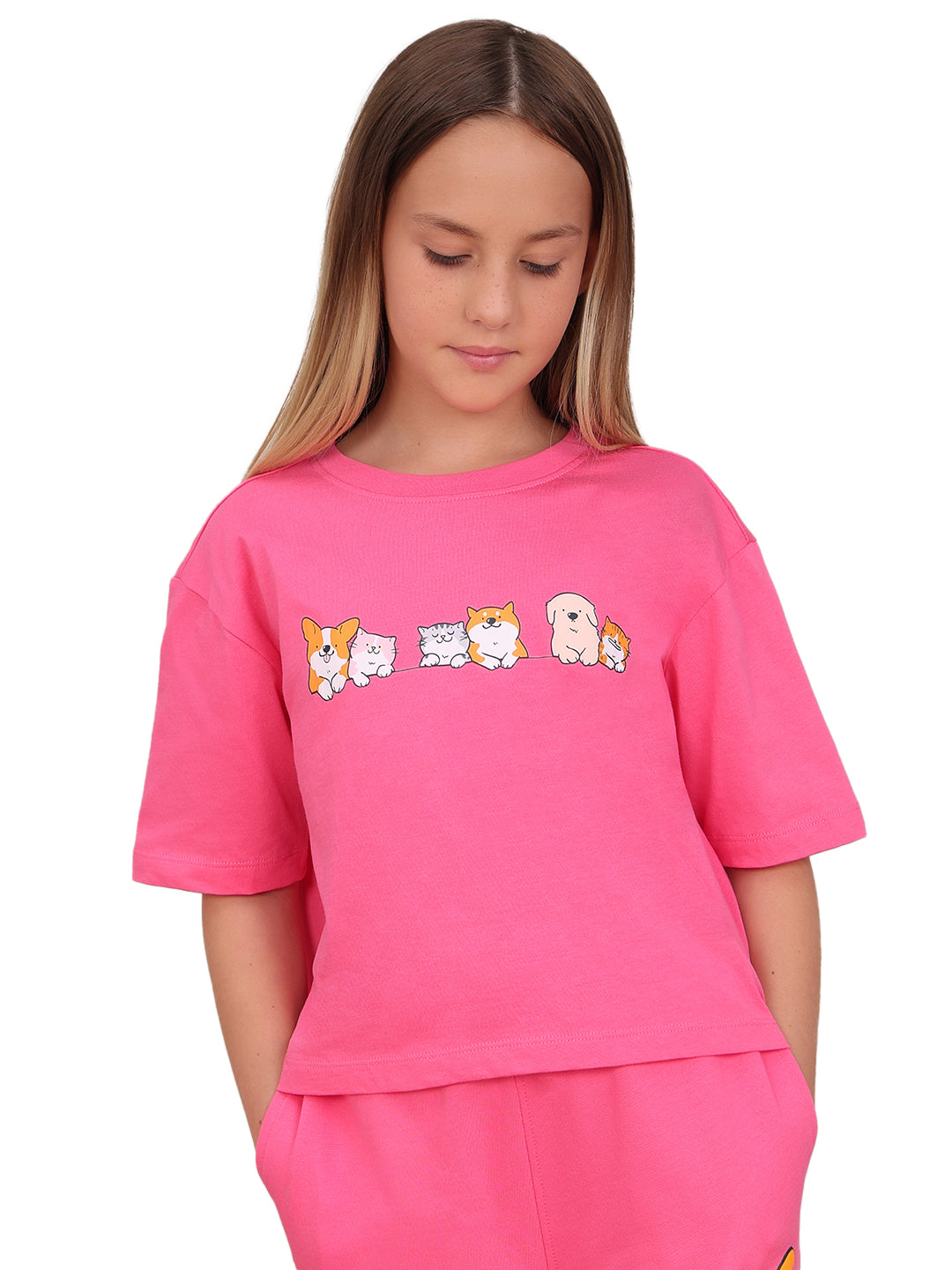 Hot Pink Character Print Cotton T-Shirt with Round Neck for Girls