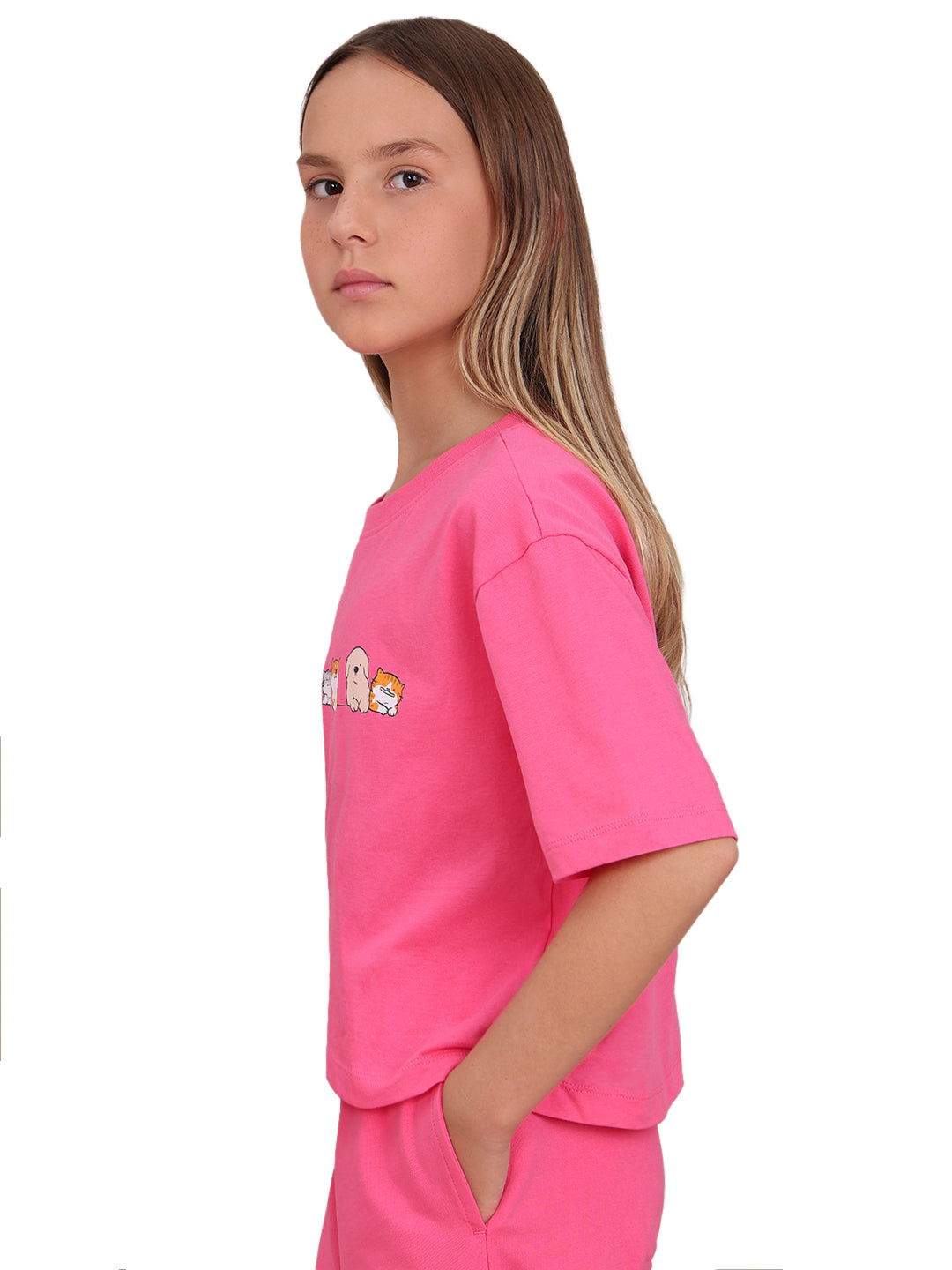 Hot Pink Character Print Cotton T-Shirt with Round Neck for Girls