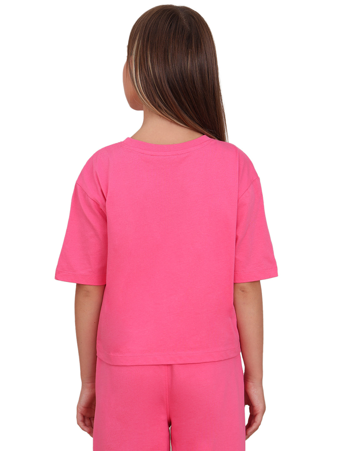Hot Pink Character Print Cotton T-Shirt with Round Neck for Girls