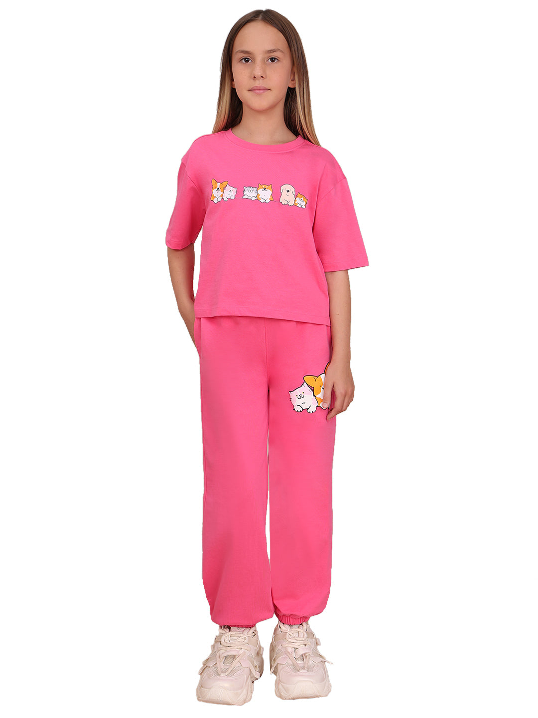 Hot Pink Character Print Cotton T-Shirt with Round Neck for Girls