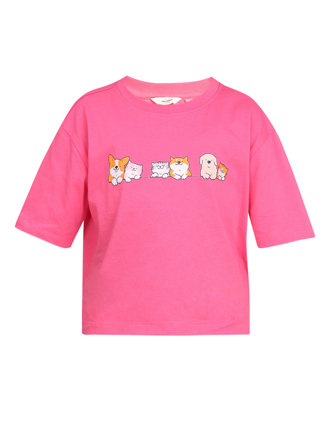 Hot Pink Character Print Cotton T-Shirt with Round Neck for Girls