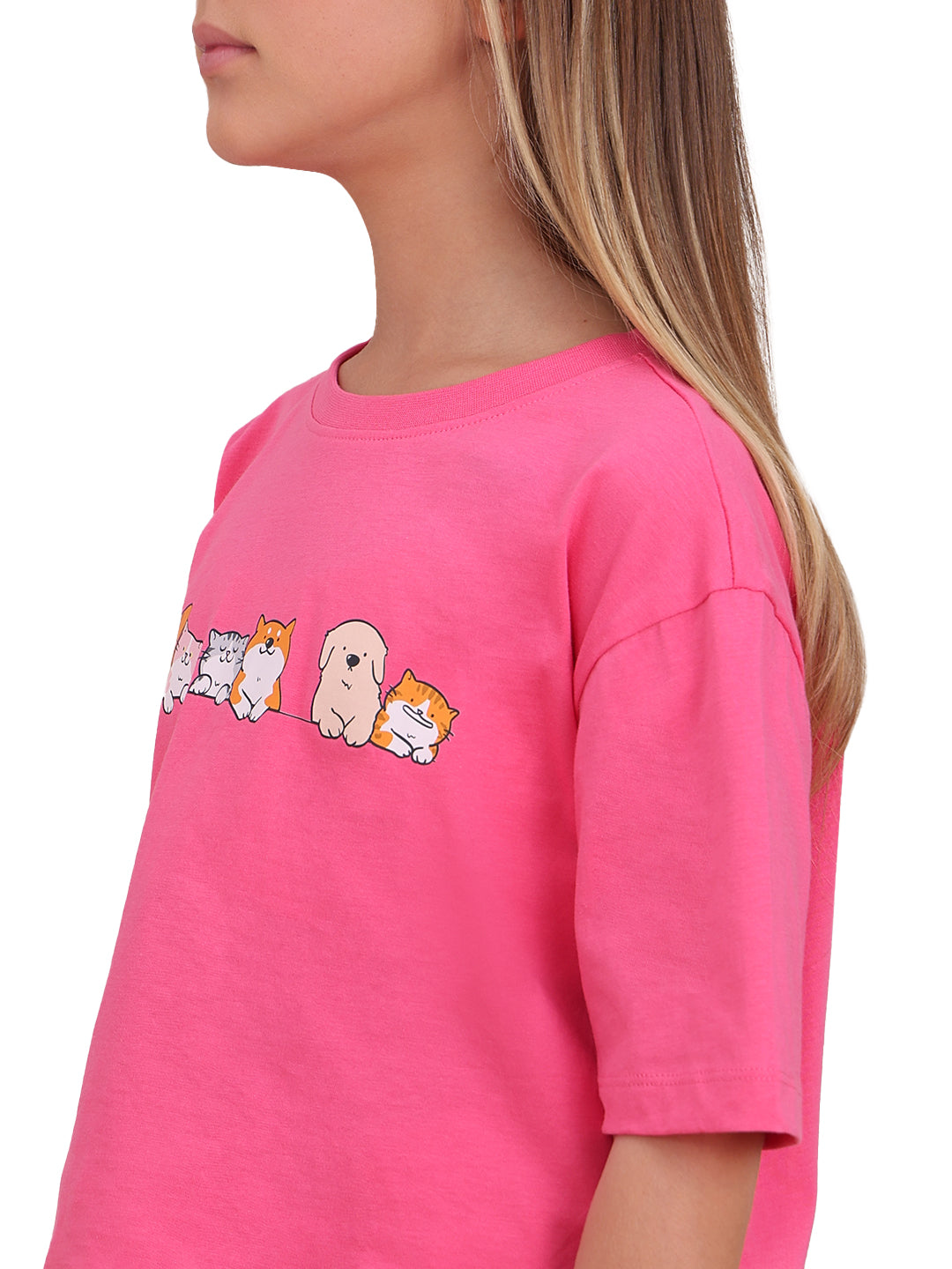 Hot Pink Character Print Cotton T-Shirt with Round Neck for Girls