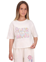 Egret Slogan Print Cotton T-Shirt with Round Neck for Girls