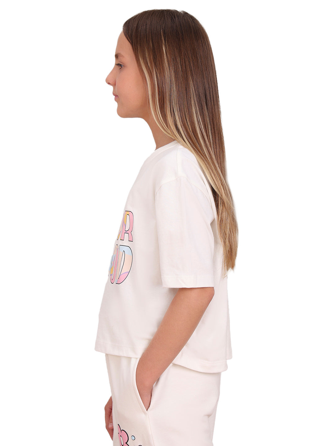 Egret Slogan Print Cotton T-Shirt with Round Neck for Girls