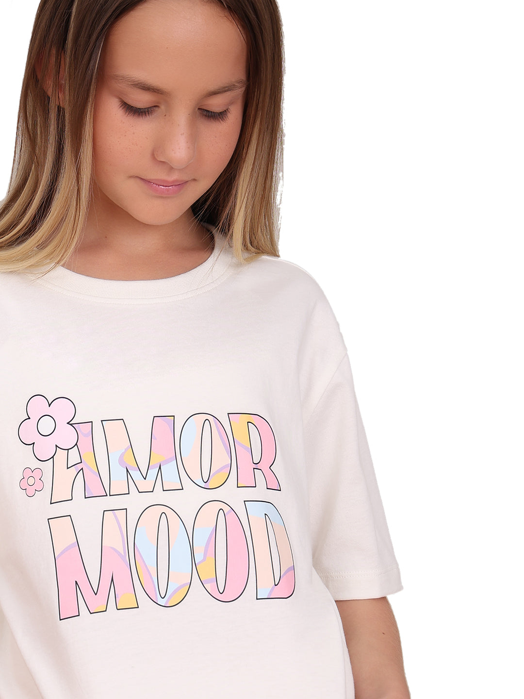 Egret Slogan Print Cotton T-Shirt with Round Neck for Girls