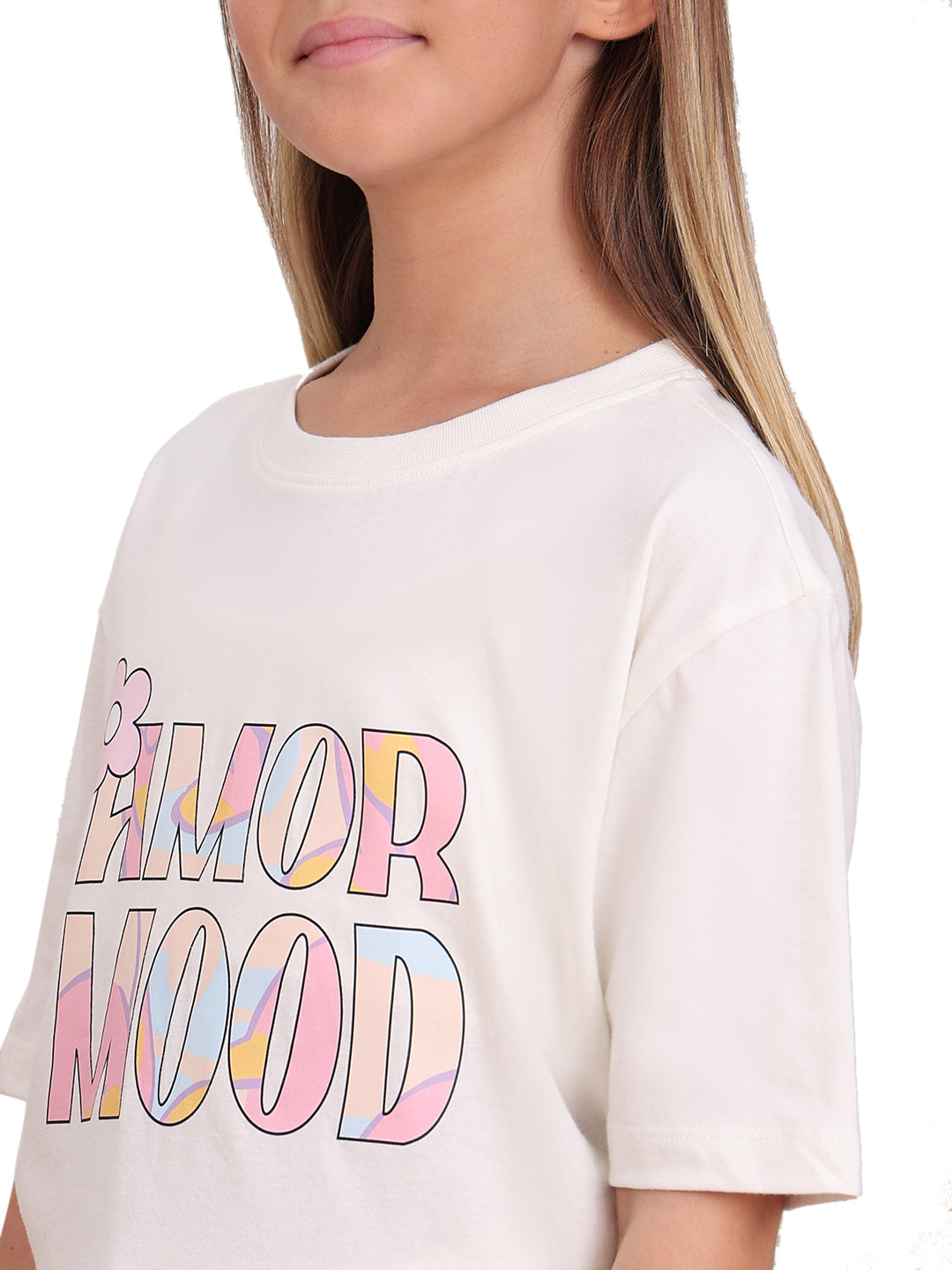 Egret Slogan Print Cotton T-Shirt with Round Neck for Girls