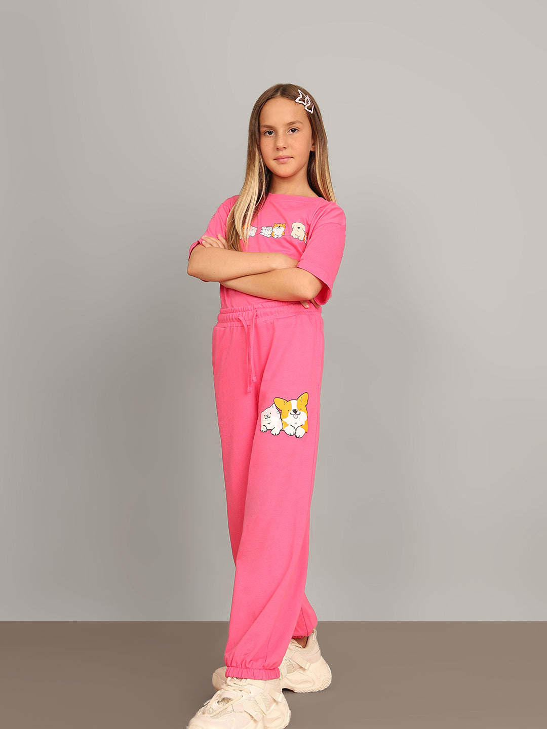 Hot Pink Cotton Printed Jogger Pants for Girls