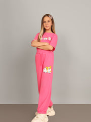 Hot Pink Cotton Printed Jogger Pants for Girls