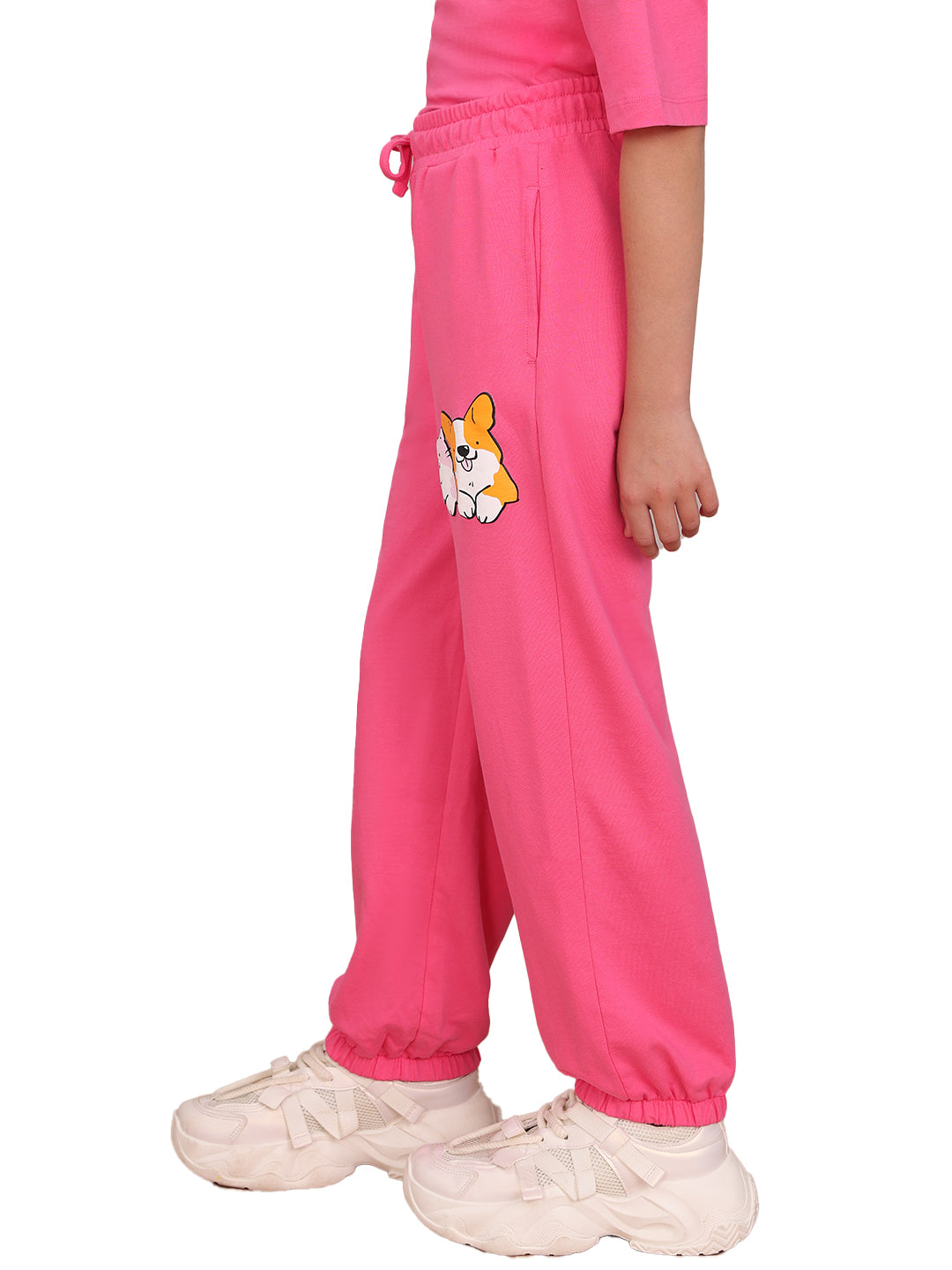 Hot Pink Cotton Printed Jogger Pants for Girls