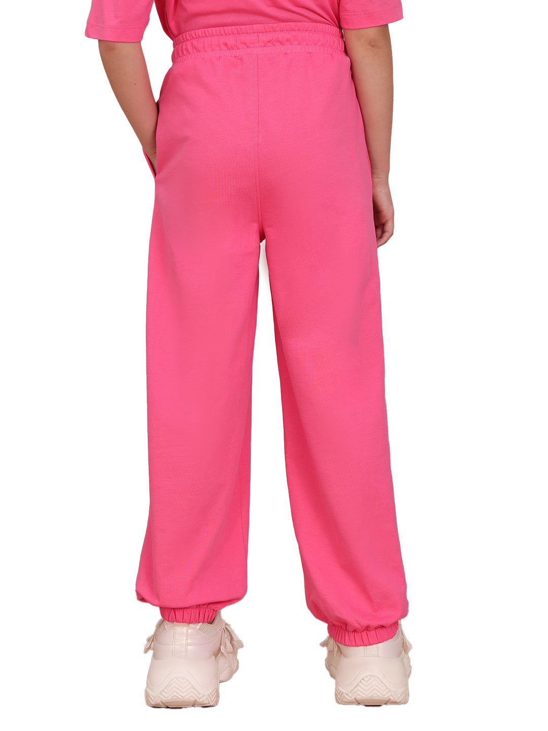 Hot Pink Cotton Printed Jogger Pants for Girls