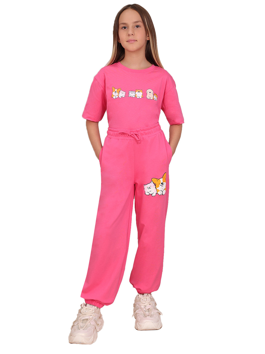 Hot Pink Cotton Printed Jogger Pants for Girls