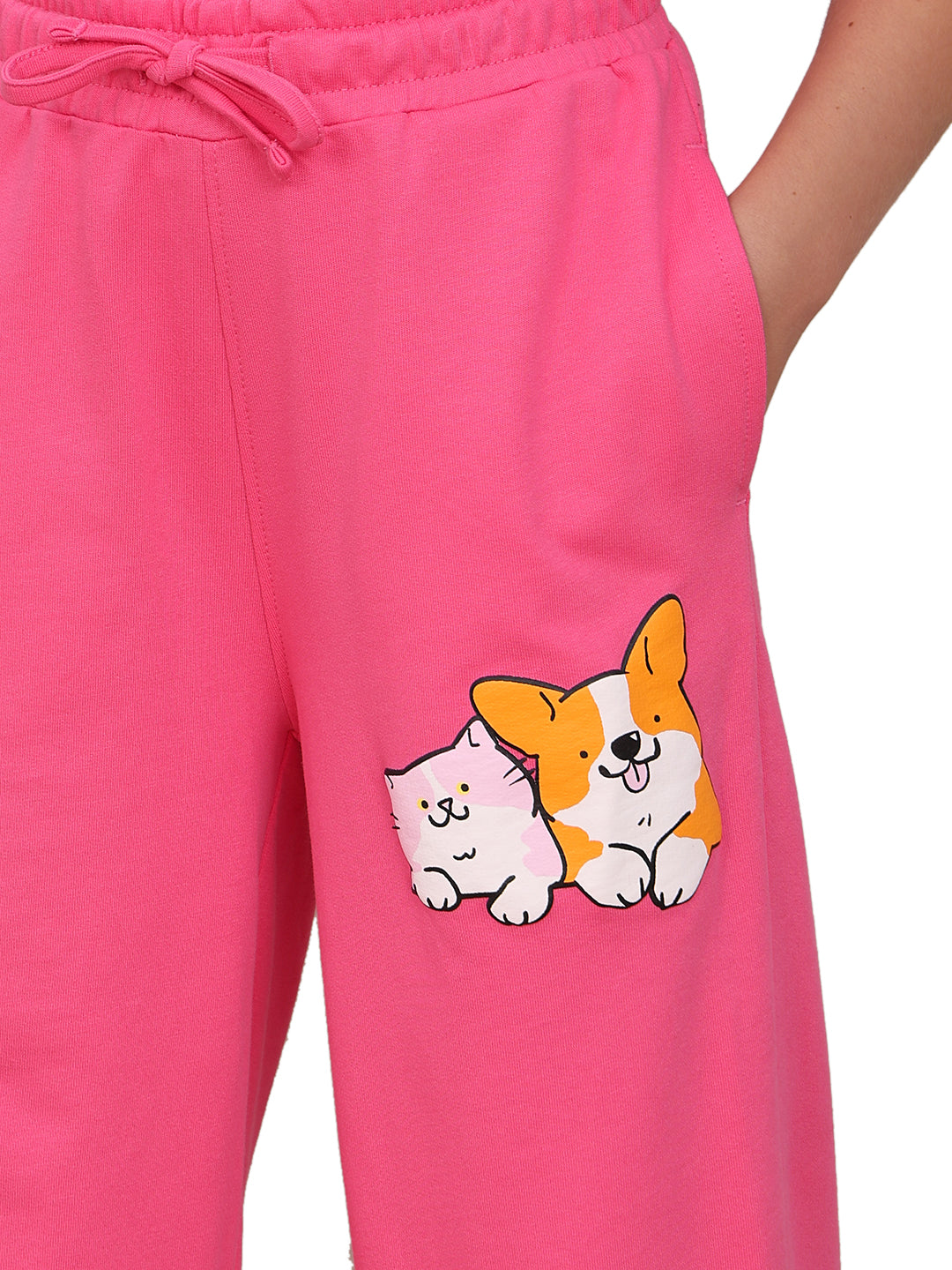 Hot Pink Cotton Printed Jogger Pants for Girls