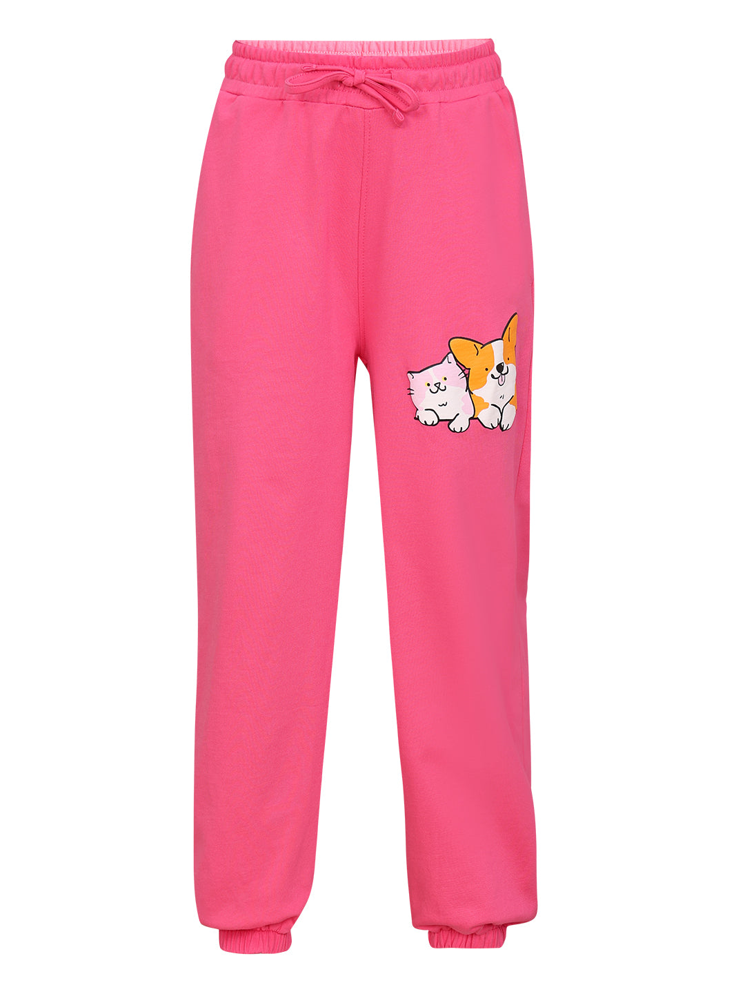 Hot Pink Cotton Printed Jogger Pants for Girls