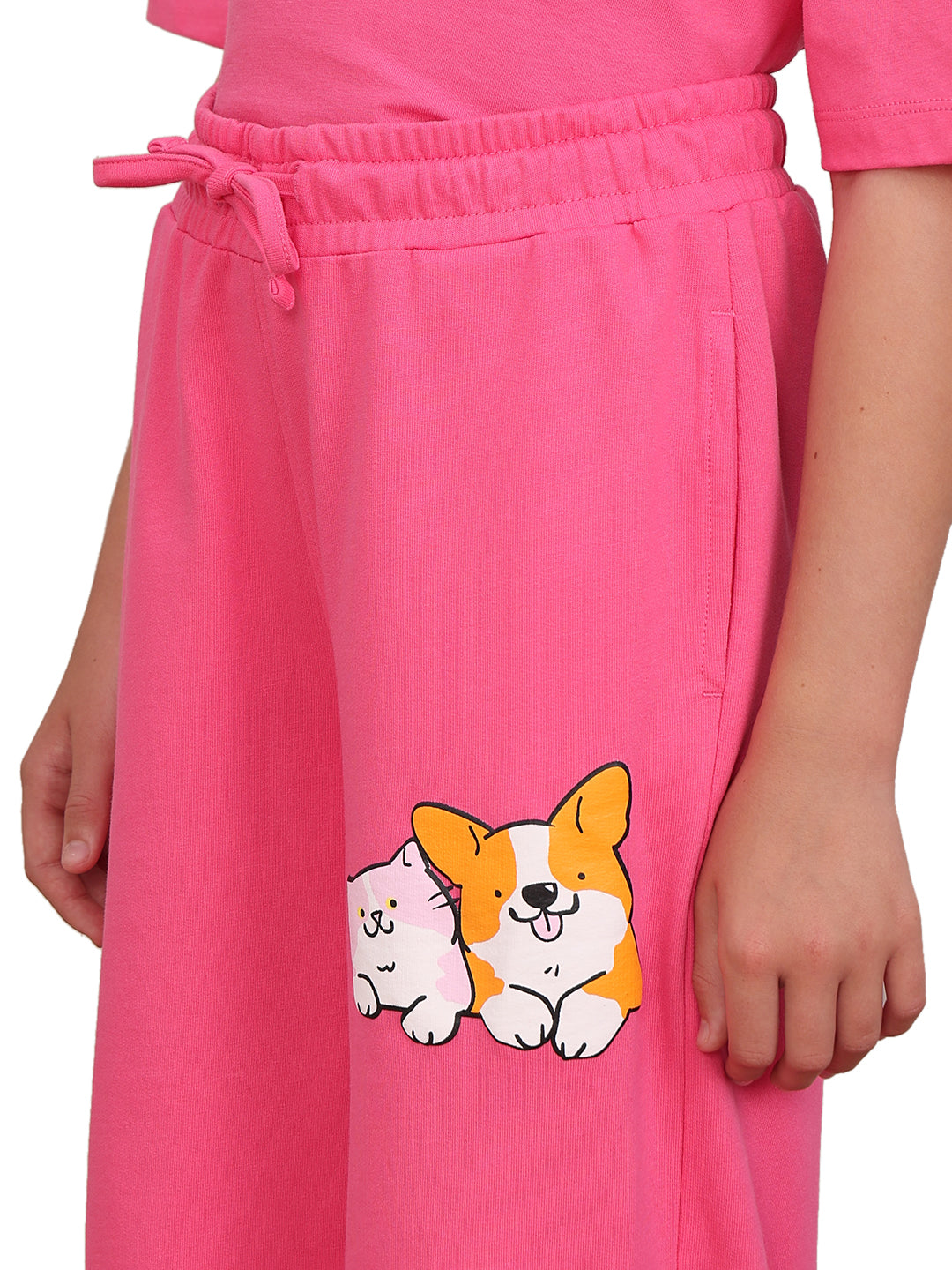 Hot Pink Cotton Printed Jogger Pants for Girls