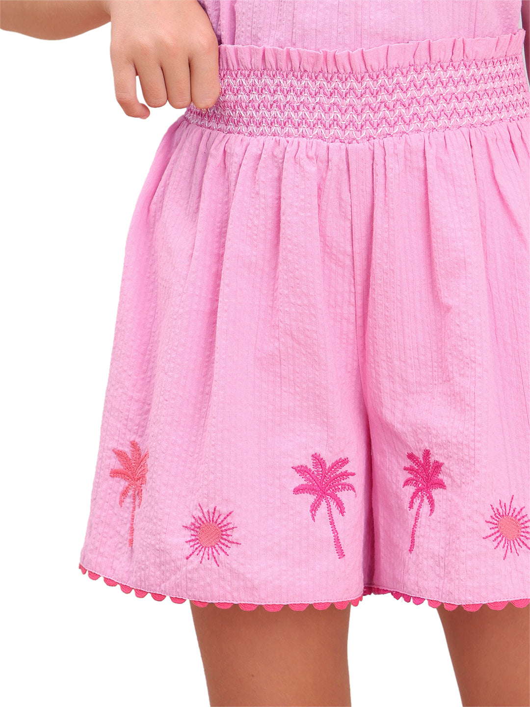 Prism Pink Cotton Embroidered Shorts for Girls – Casual Fit