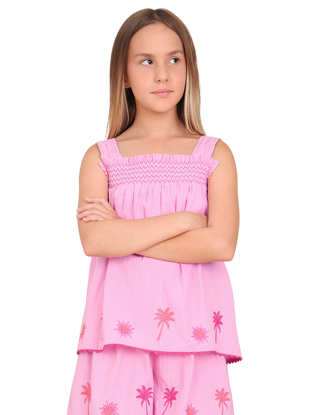 Prism Pink Cotton Smocked Embroidered Top for Girls