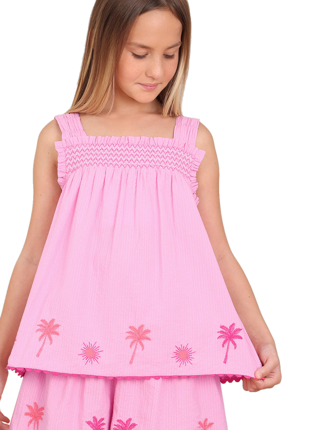 Prism Pink Cotton Smocked Embroidered Top for Girls