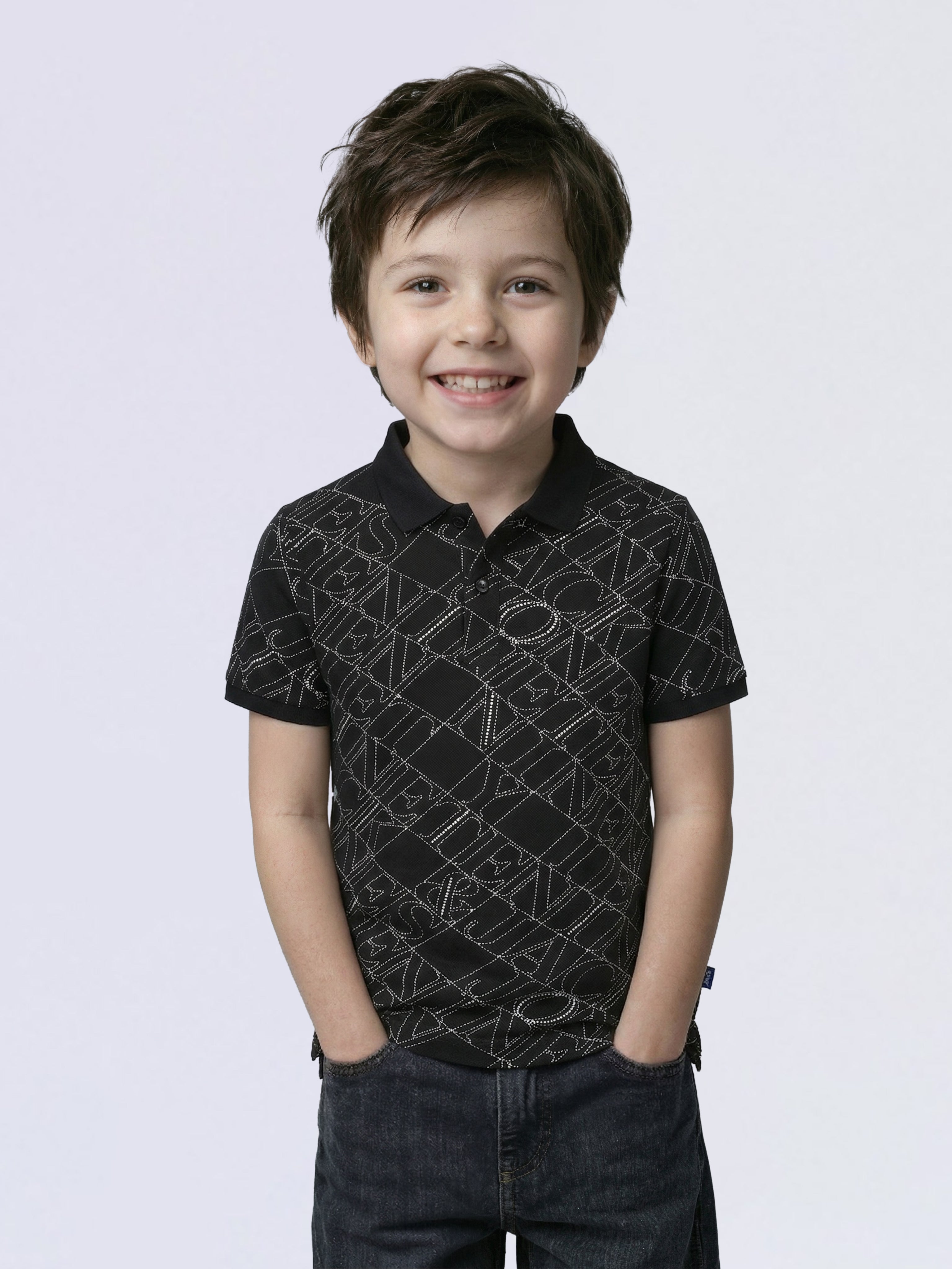 Boys Black Printed Cotton Polo T-Shirt Regular Fit