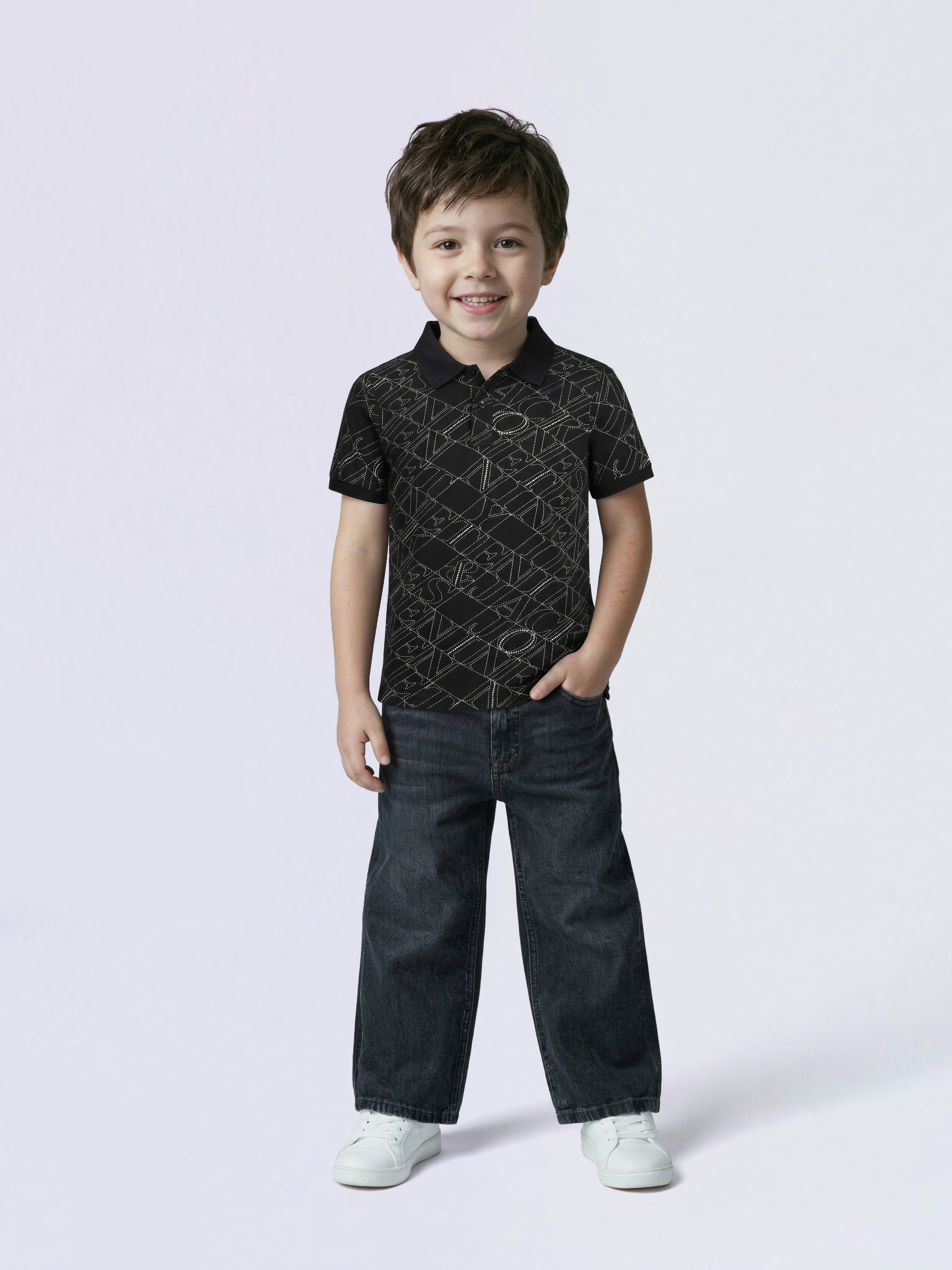 Boys Black Printed Cotton Polo T-Shirt Regular Fit