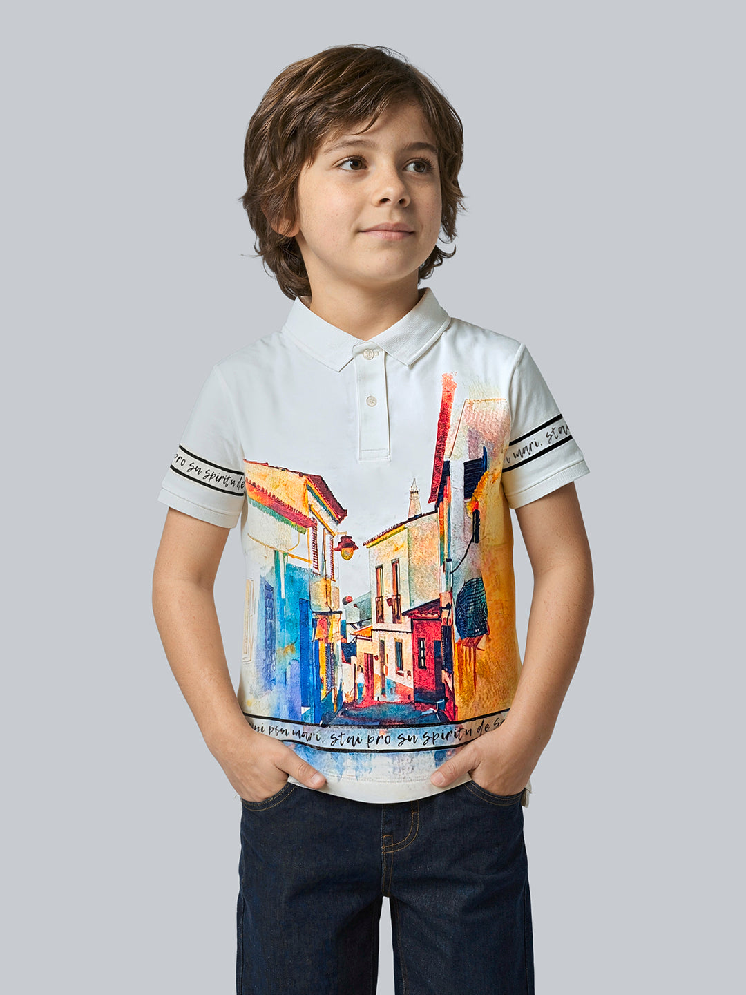 Boys Graphic Print Cotton Polo T-Shirt with Short Sleeves