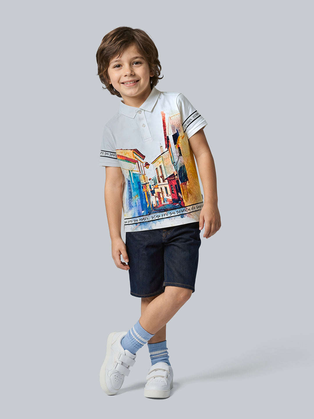 Boys Graphic Print Cotton Polo T-Shirt with Short Sleeves