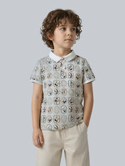 Boys All Over Printed Cotton Polo T-Shirt with Short Sleeves